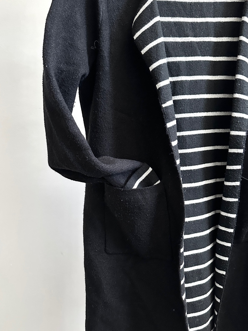 Rain + Rose Black Striped Open Long Cardigan Coatigan Sz S Wool Blend Pockets
